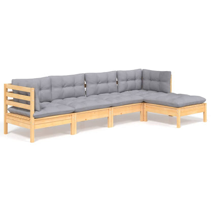Set Divani da Giardino 5 pz con Cuscini Grigi Massello di Pino | homemem39