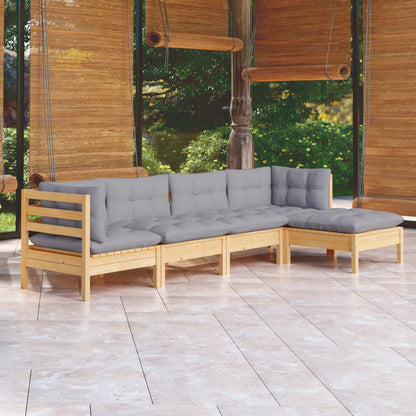 Set Divani da Giardino 5 pz con Cuscini Grigi Massello di Pino | homemem39