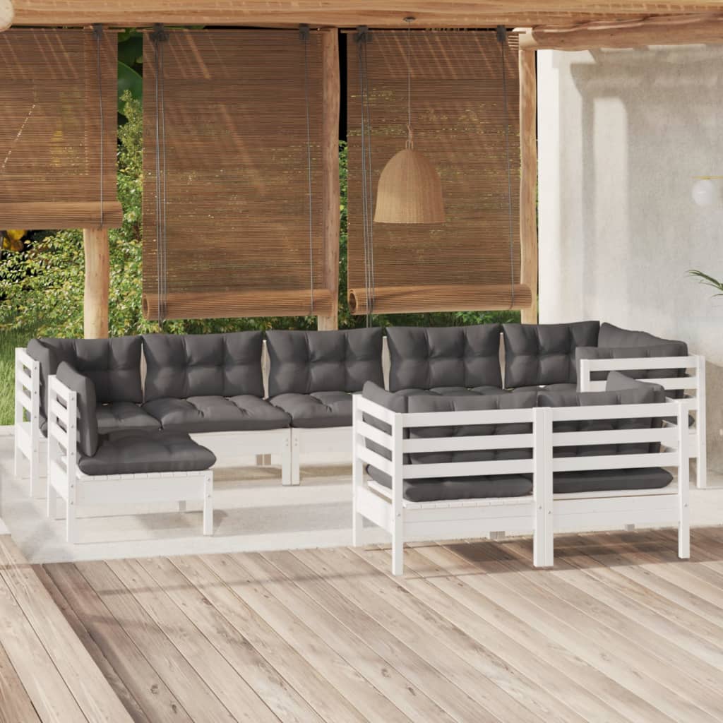 Set Divani da Giardino 9 pz con Cuscini Bianchi Legno di Pino | homemem39