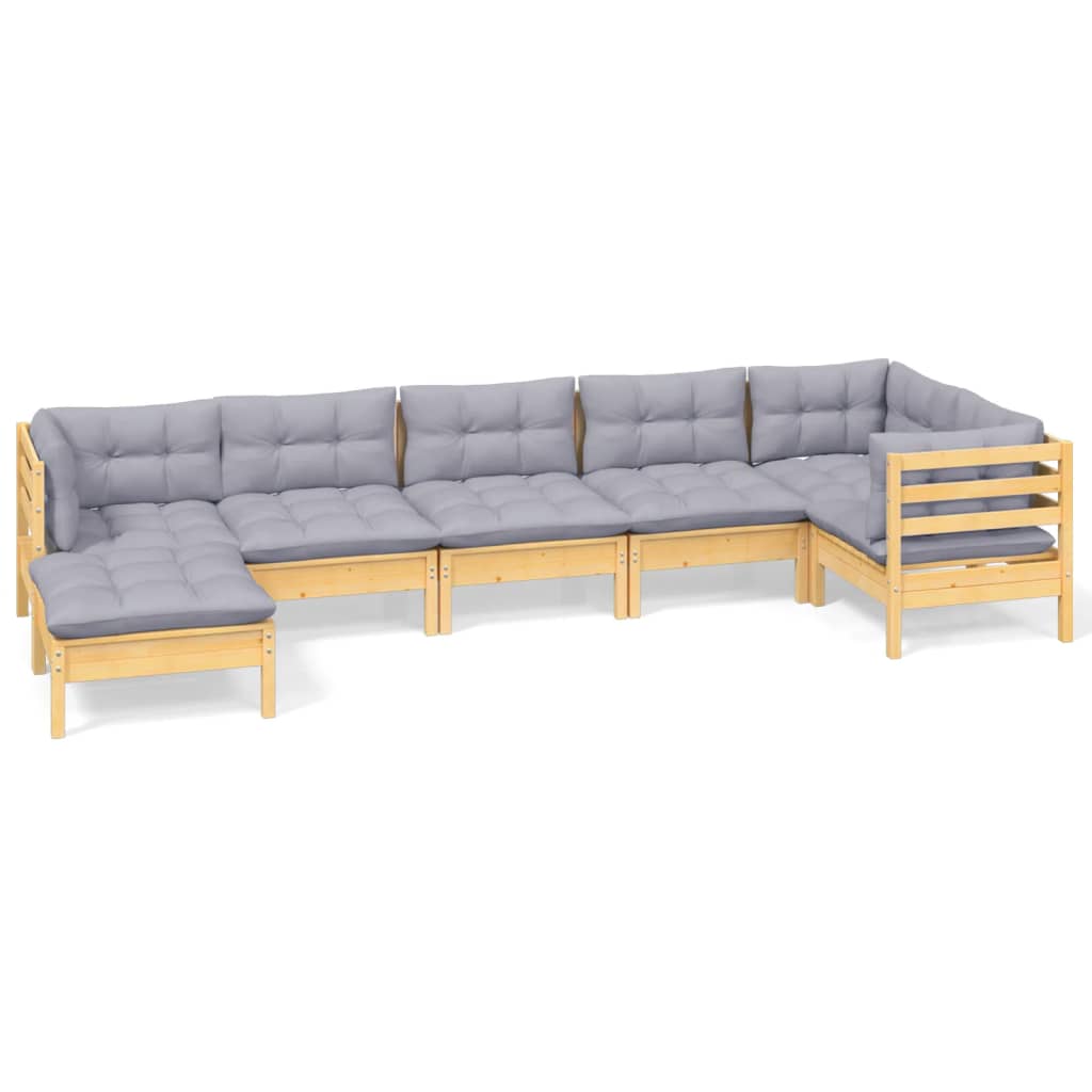 Set Divani da Giardino 7 pz con Cuscini Grigi Massello di Pino | homemem39