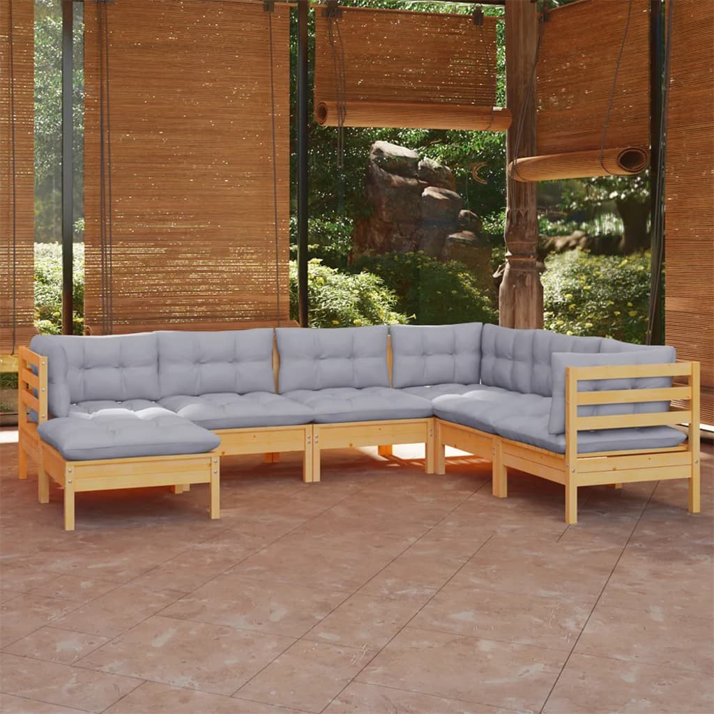 Set Divani da Giardino 7 pz con Cuscini Grigi Massello di Pino | homemem39