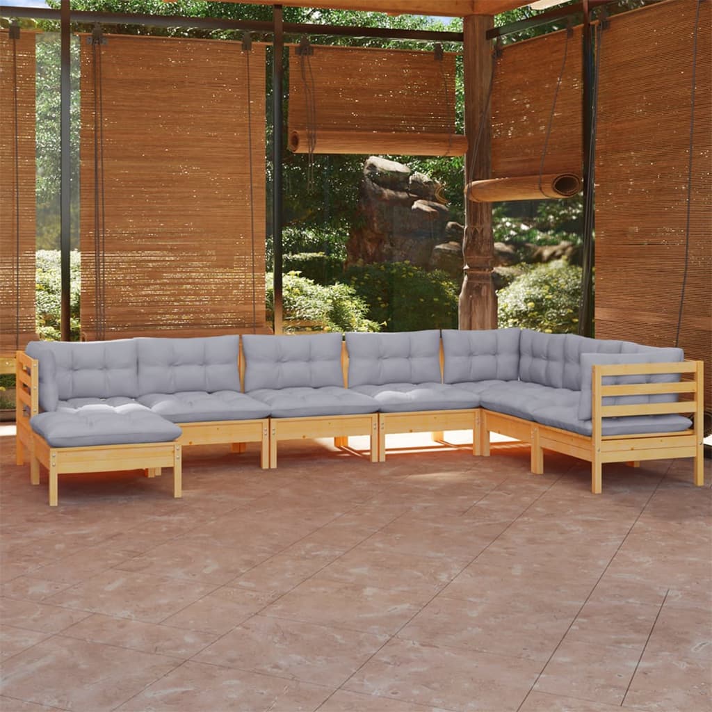 Set Divani da Giardino 8 pz con Cuscini Grigi Massello di Pino | homemem39