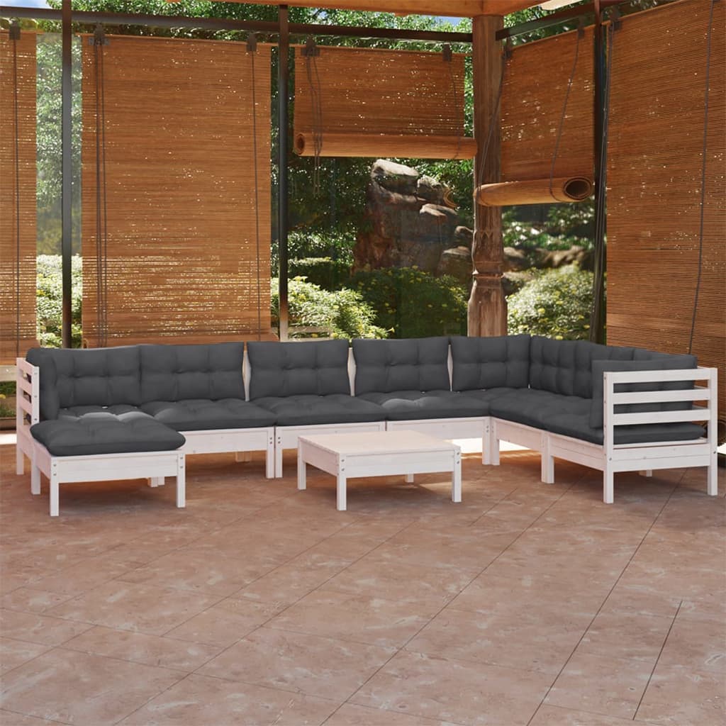 Set Divani da Giardino 9 pz con Cuscini Bianchi Legno di Pino - homemem39