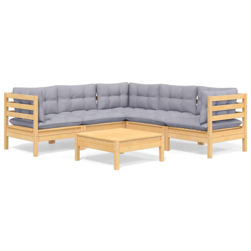Set Divani da Giardino 6 pz con Cuscini Grigi Massello di Pino | homemem39