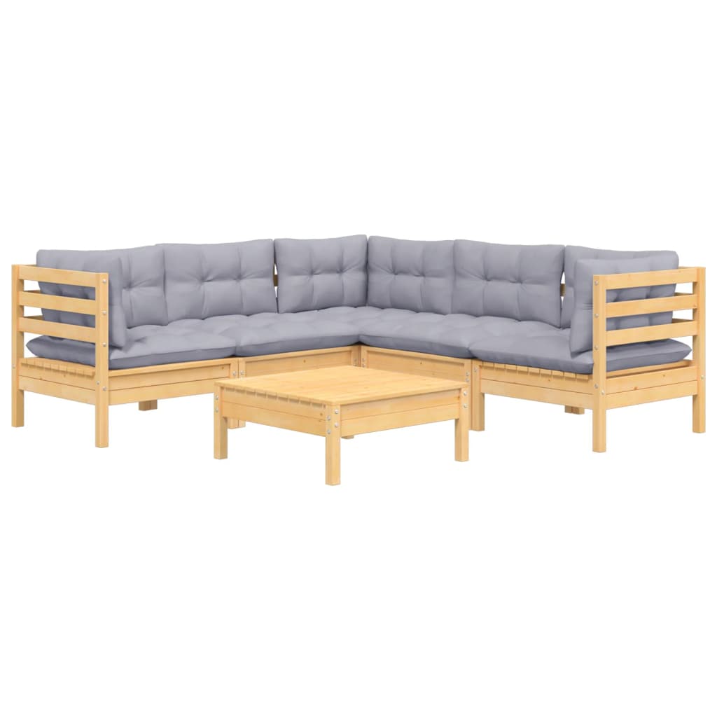 Set Divani da Giardino 6 pz con Cuscini Grigi Massello di Pino | homemem39