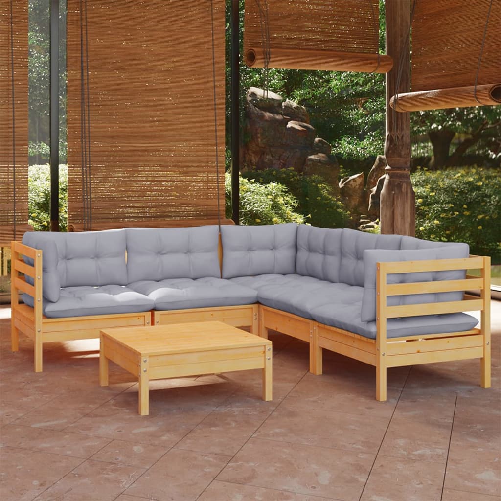 Set Divani da Giardino 6 pz con Cuscini Grigi Massello di Pino | homemem39