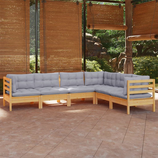 Set Divani da Giardino 6 pz con Cuscini Grigi Massello di Pino | homemem39
