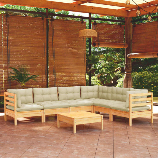 Set Divani da Giardino 7 pz con Cuscini Crema in Massello di Pino | homemem39