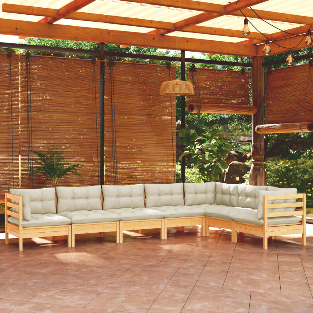 Set Divani da Giardino 7 pz con Cuscini Crema in Massello di Pino | homemem39