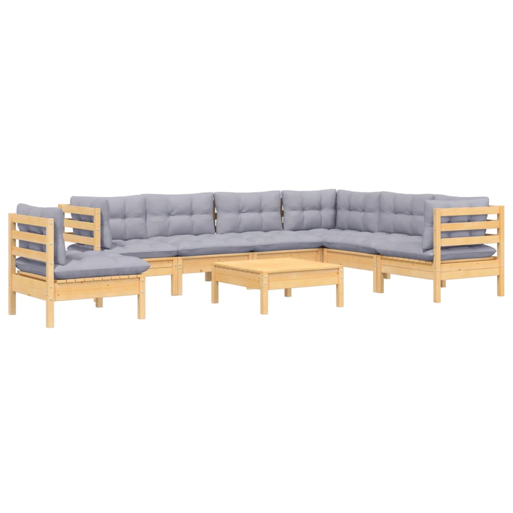 Set Divani da Giardino 8 pz con Cuscini Grigi Massello di Pino | homemem39