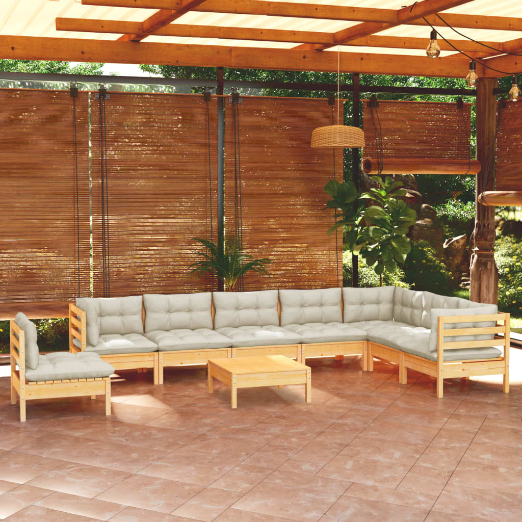 Set Divani da Giardino 9 pz con Cuscini Crema Massello di Pino | homemem39