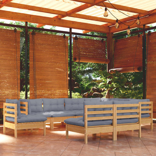 Set Divani da Giardino 9 pz con Cuscini Grigi Massello di Pino | homemem39