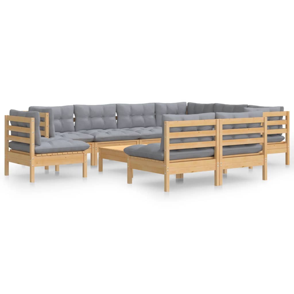 Set Divani da Giardino 10 pz con Cuscini Grigi Massello di Pino | homemem39