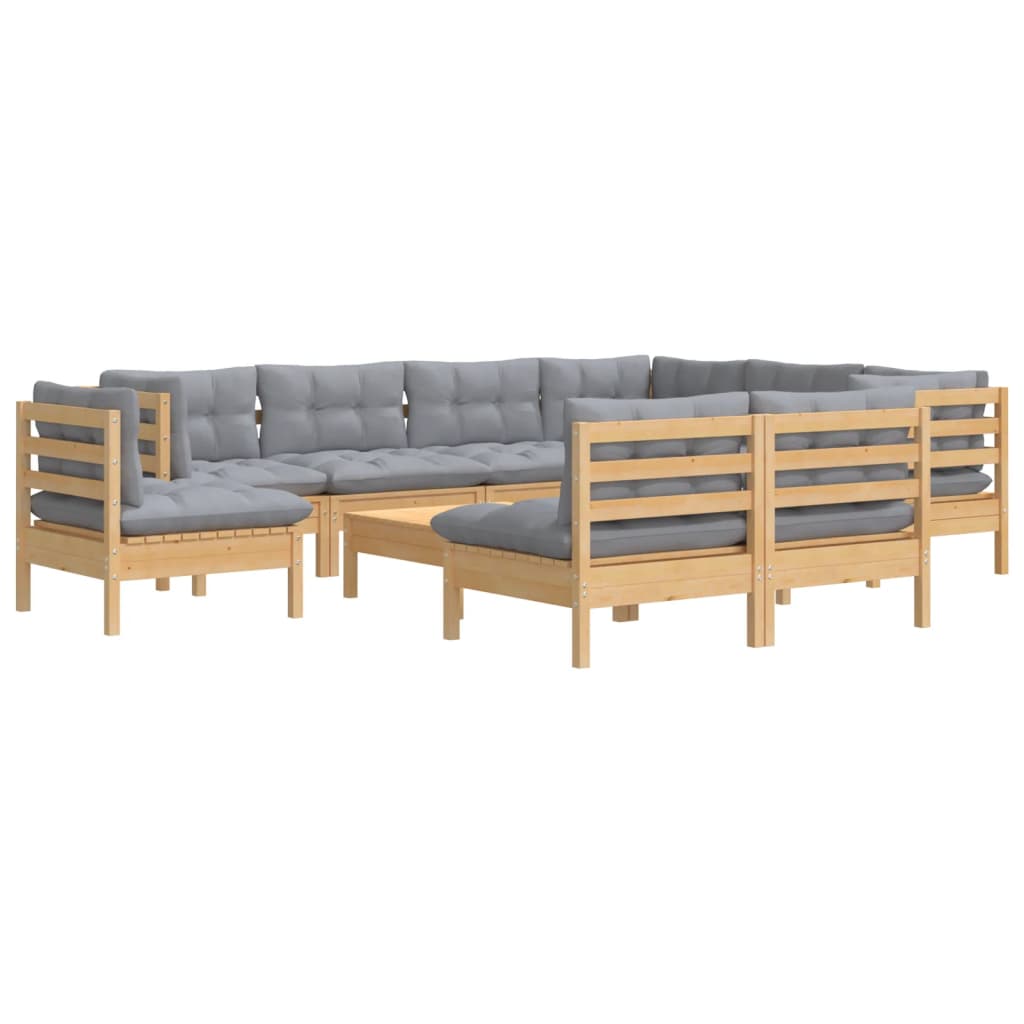Set Divani da Giardino 10 pz con Cuscini Grigi Massello di Pino | homemem39