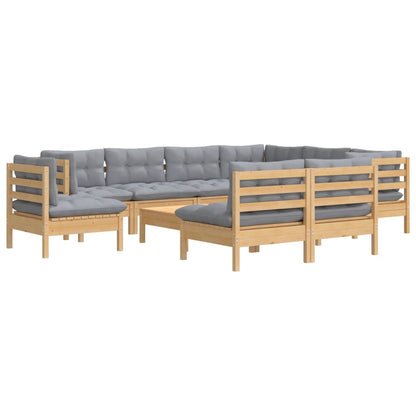 Set Divani da Giardino 10 pz con Cuscini Grigi Massello di Pino | homemem39