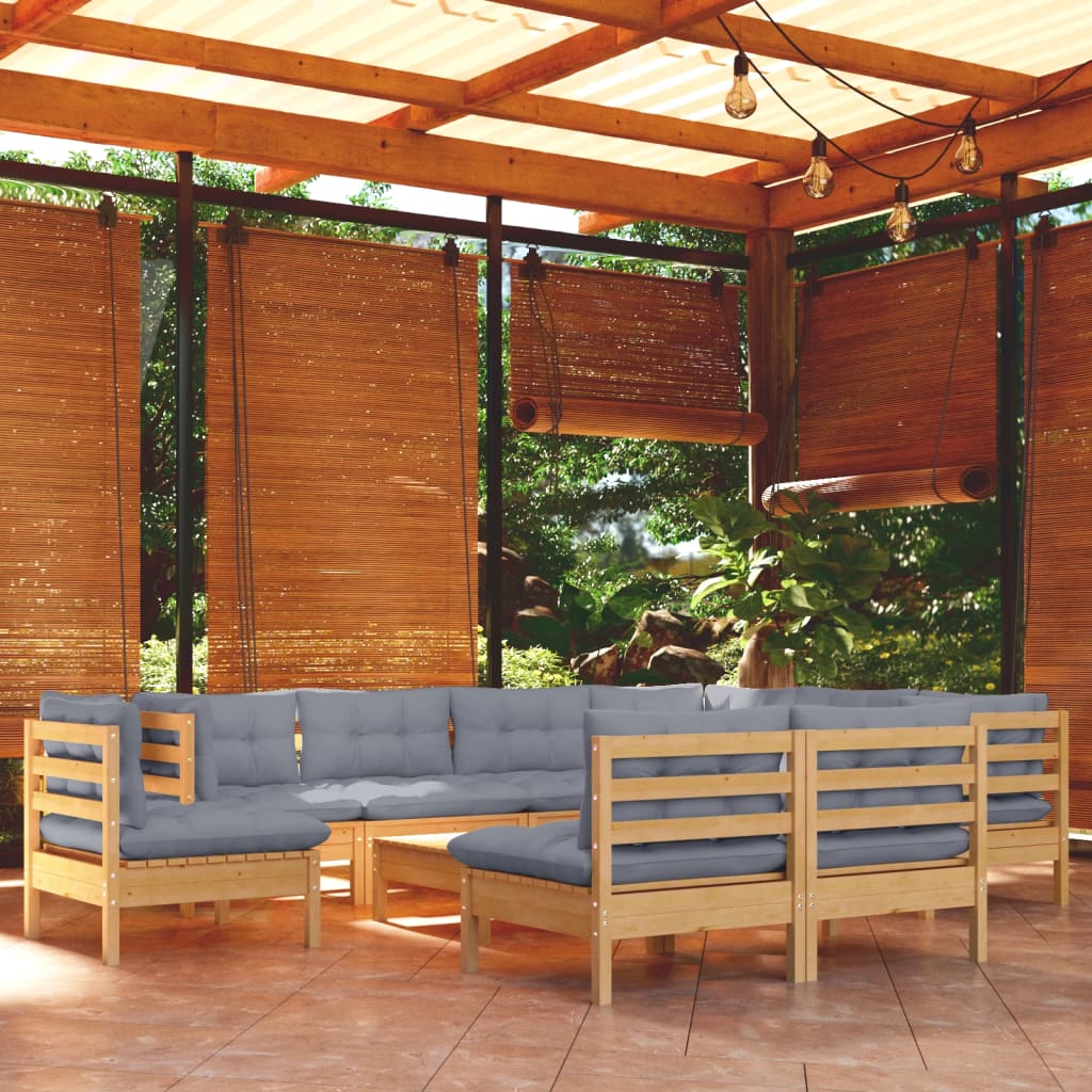 Set Divani da Giardino 10 pz con Cuscini Grigi Massello di Pino | homemem39