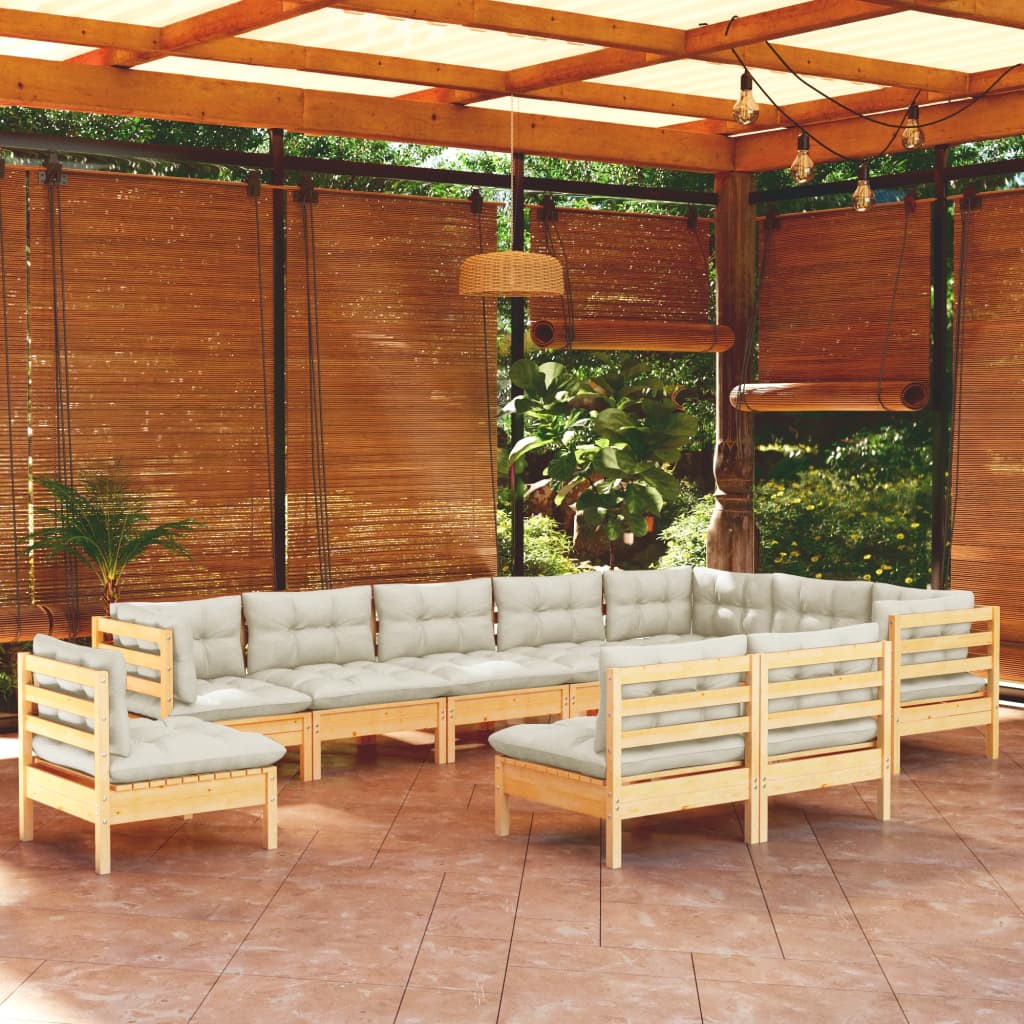 Set Divani da Giardino 10 pz con Cuscini Crema Massello di Pino | homemem39