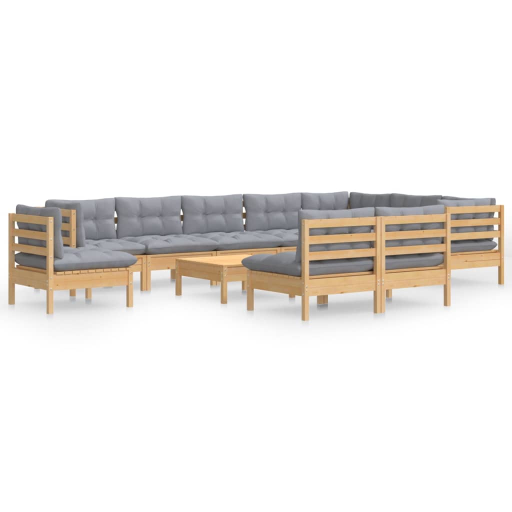Set Divani da Giardino 11 pz con Cuscini Grigi Massello di Pino | homemem39