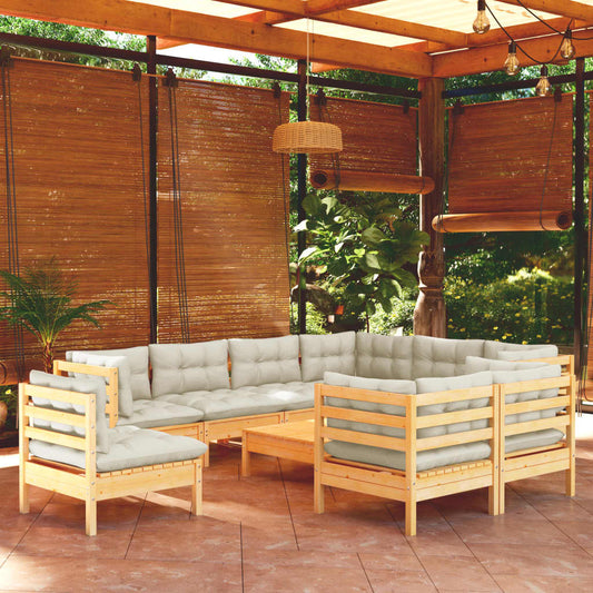 Set Divani da Giardino 10 pz con Cuscini Crema Massello di Pino | homemem39