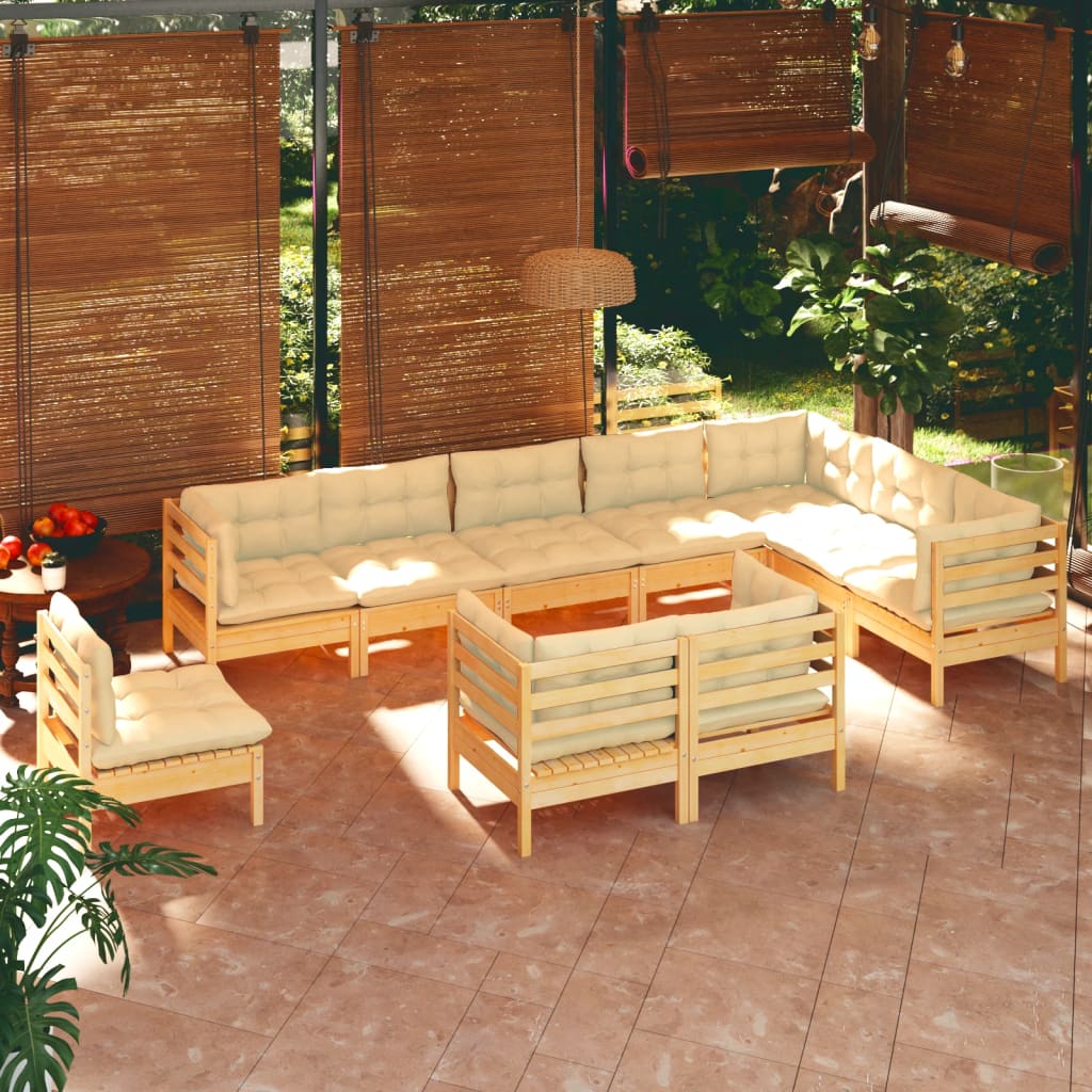 Set Divani da Giardino 10 pz con Cuscini Crema in Massello di Pino | homemem39