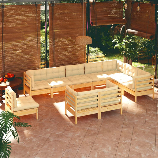 Set Divani da Giardino 10 pz con Cuscini Crema in Massello di Pino | homemem39
