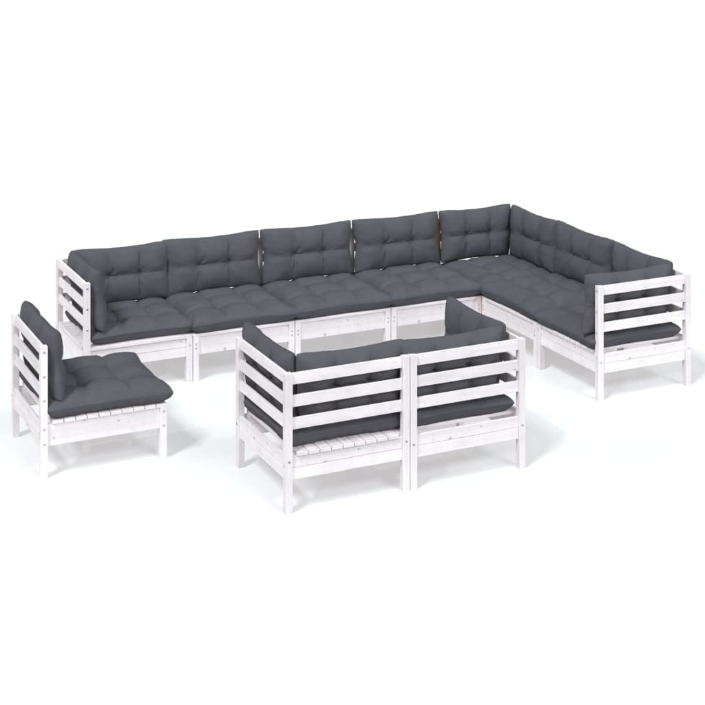Set Divani da Giardino 10 pz con Cuscini Bianchi Legno di Pino | homemem39