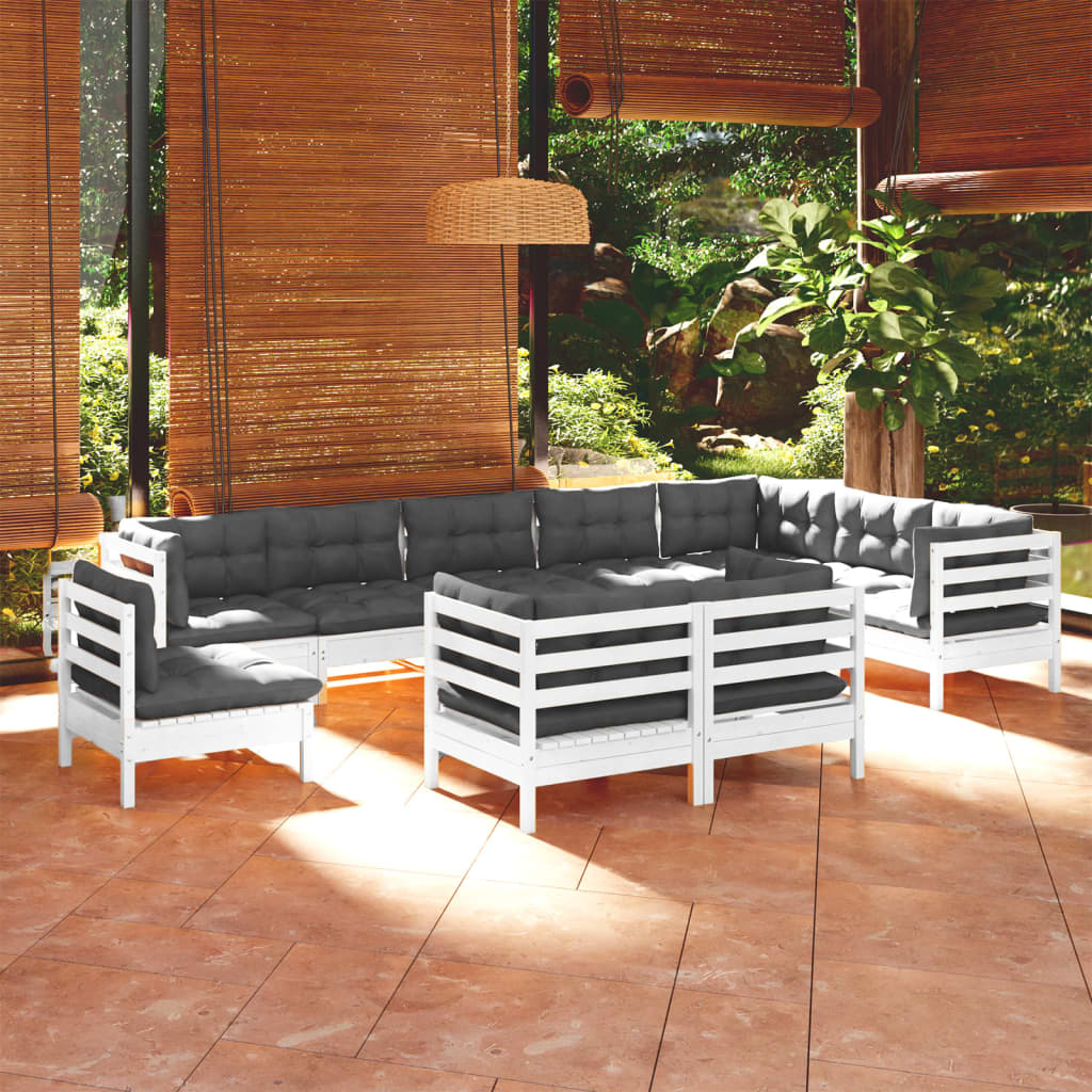 Set Divani da Giardino 10 pz con Cuscini Bianchi Legno di Pino | homemem39