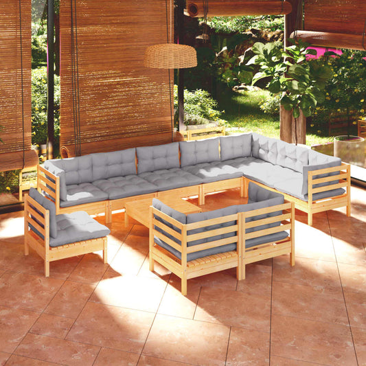Set Divani da Giardino 11 pz con Cuscini Grigi Massello di Pino | homemem39