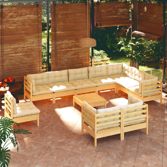 Set Divani da Giardino 11 pz con Cuscini Crema in Massello di Pino | homemem39