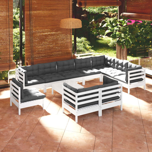Set Divani da Giardino 11 pz con Cuscini Bianchi Legno di Pino - homemem39