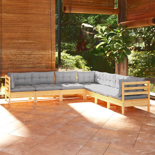 Set Divani da Giardino 7 pz con Cuscini Grigi Massello di Pino