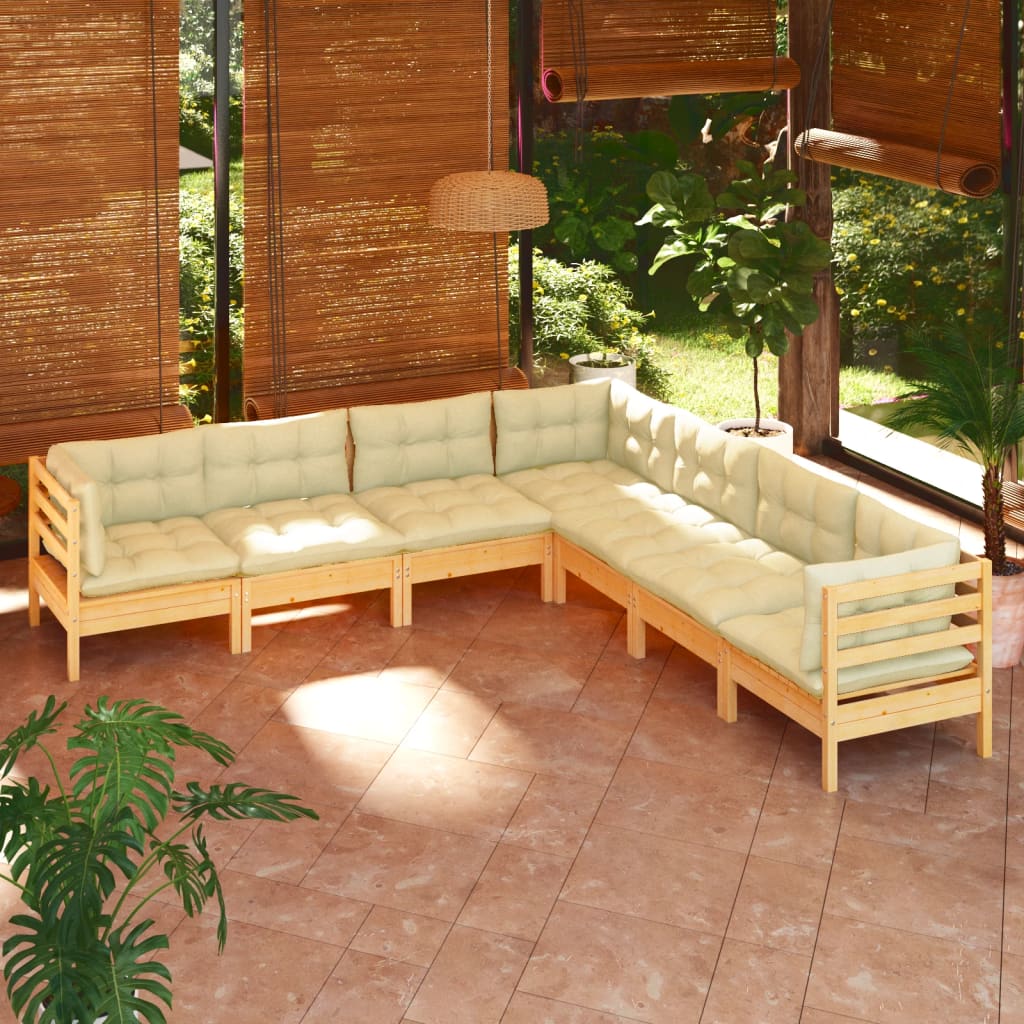 Set Divani da Giardino 7 pz con Cuscini Crema in Massello di Pino | homemem39