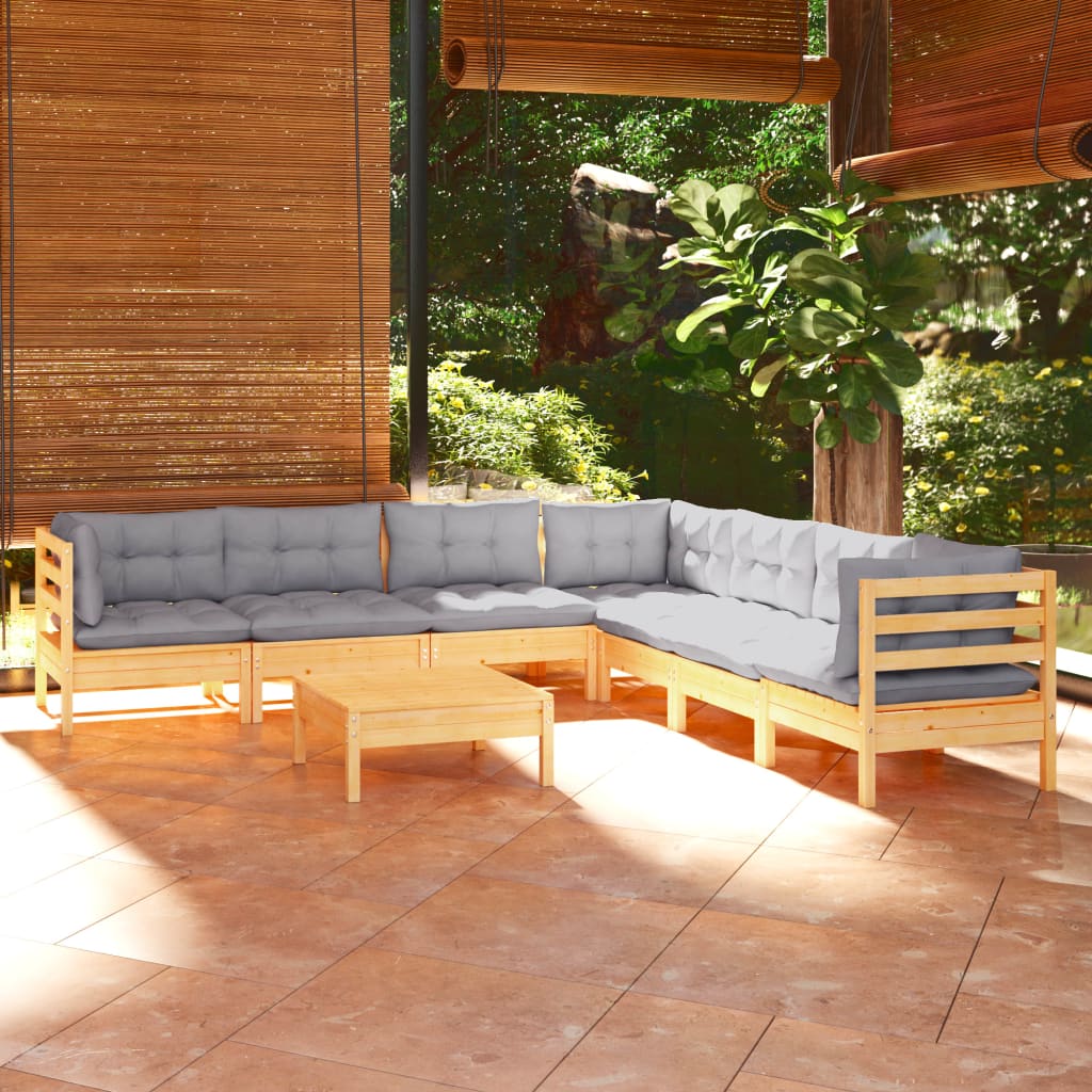 Set Divani da Giardino 8 pz con Cuscini Grigi Massello di Pino | homemem39