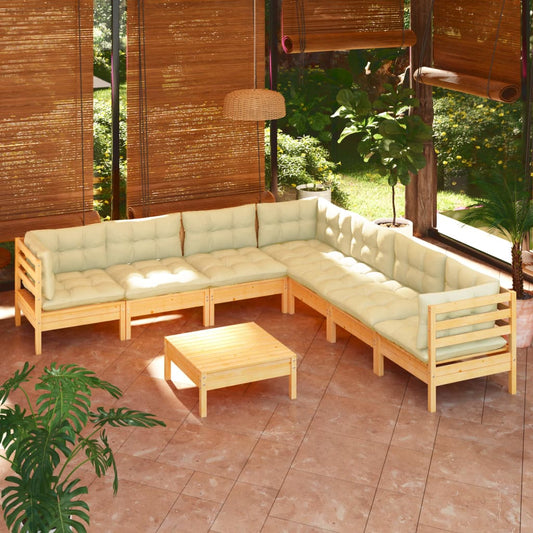 Set Divani da Giardino 8 pz con Cuscini Crema in Massello di Pino | homemem39