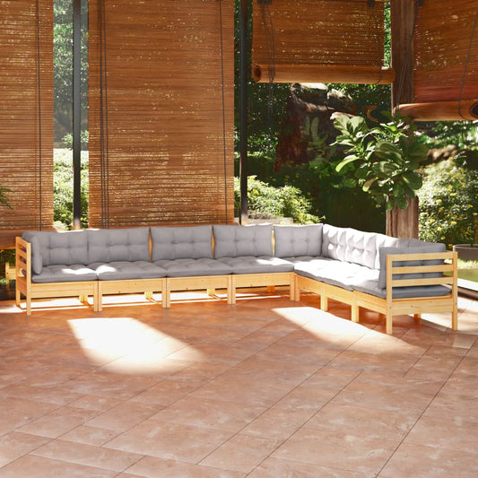 Set Divani da Giardino 8 pz con Cuscini Grigi Massello di Pino | homemem39