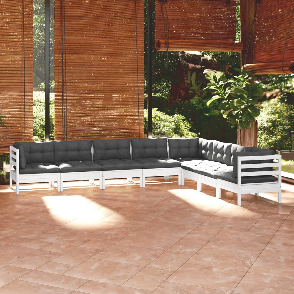Set Divani da Giardino 8 pz con Cuscini Bianchi Legno di Pino | homemem39