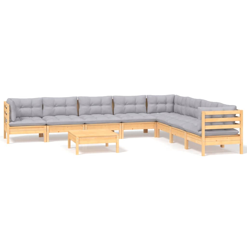 Set Divani da Giardino 9 pz con Cuscini Grigi Massello di Pino | homemem39