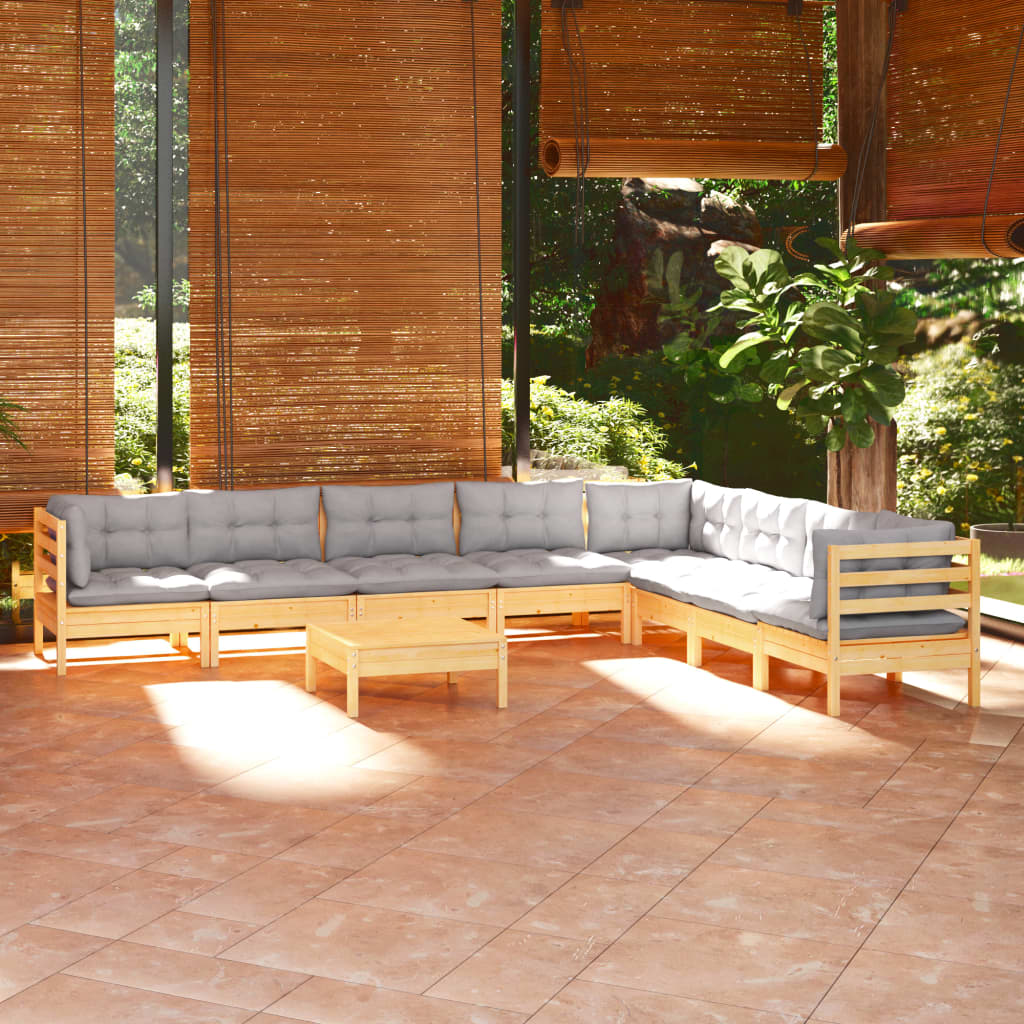 Set Divani da Giardino 9 pz con Cuscini Grigi Massello di Pino | homemem39