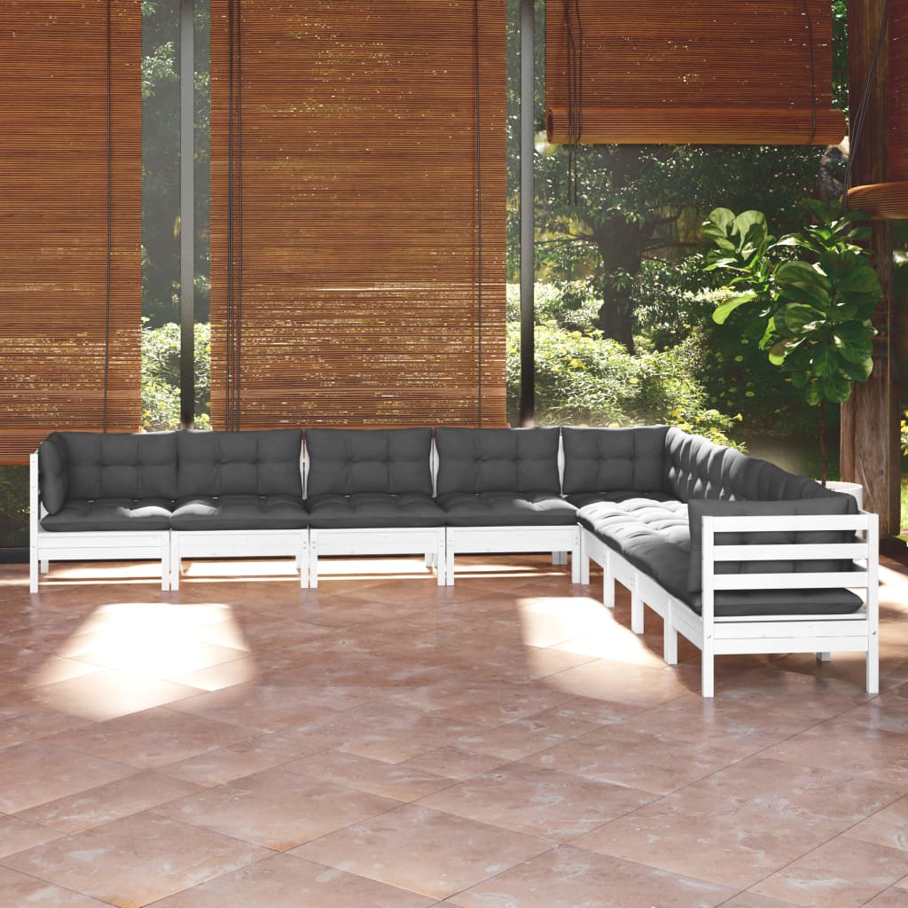Set Divani da Giardino 9 pz con Cuscini Bianchi Legno di Pino | homemem39