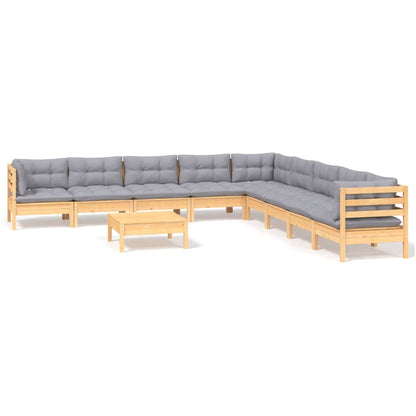 Set Divani da Giardino 10 pz con Cuscini Grigi Massello di Pino | homemem39