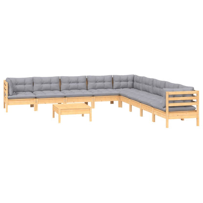 Set Divani da Giardino 10 pz con Cuscini Grigi Massello di Pino | homemem39