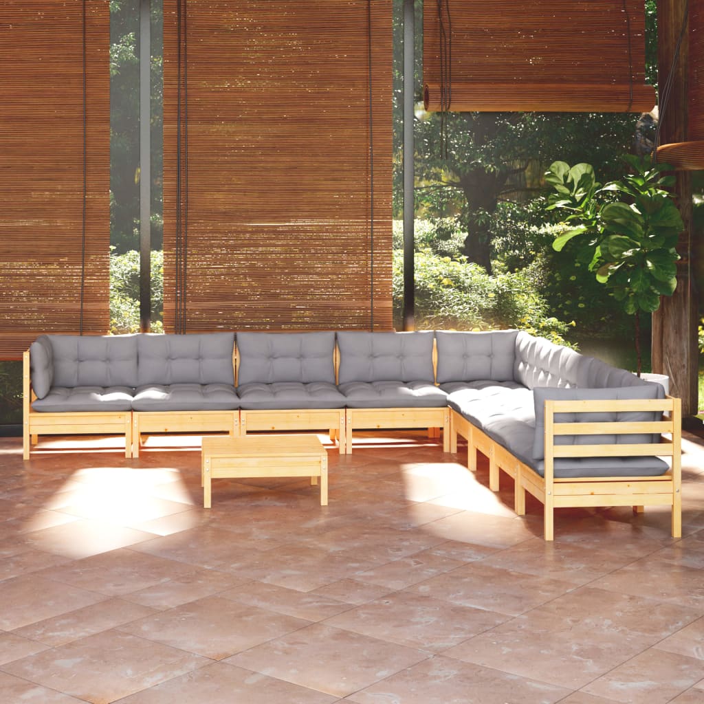 Set Divani da Giardino 10 pz con Cuscini Grigi Massello di Pino | homemem39