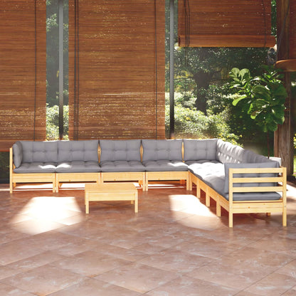 Set Divani da Giardino 10 pz con Cuscini Grigi Massello di Pino | homemem39