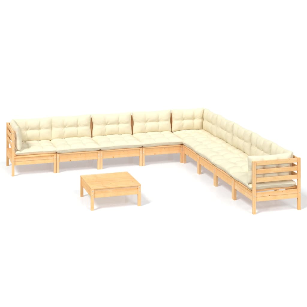 Set Divani da Giardino 10 pz con Cuscini Crema Massello di Pino | homemem39