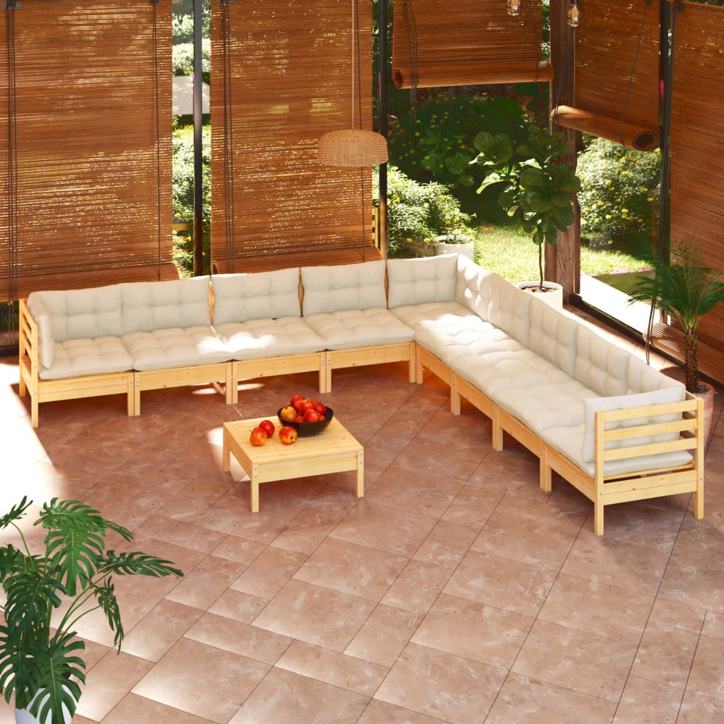 Set Divani da Giardino 10 pz con Cuscini Crema Massello di Pino | homemem39