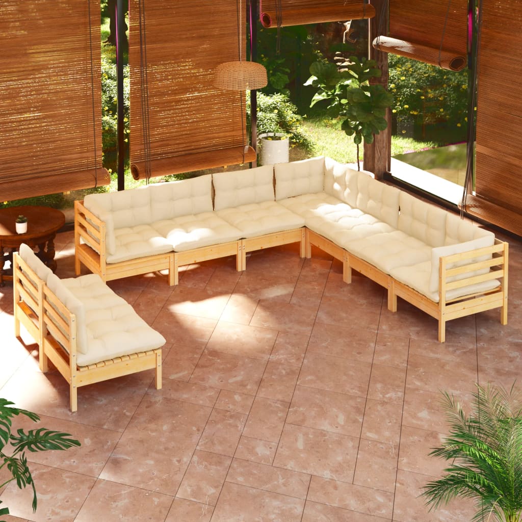 Set Divani da Giardino 9 pz con Cuscini Crema Massello di Pino | homemem39