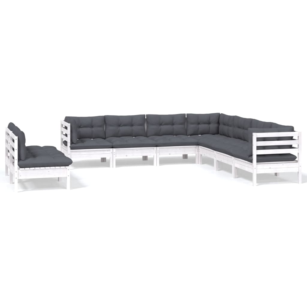 Set Divani da Giardino 9 pz con Cuscini Bianchi Legno di Pino | homemem39