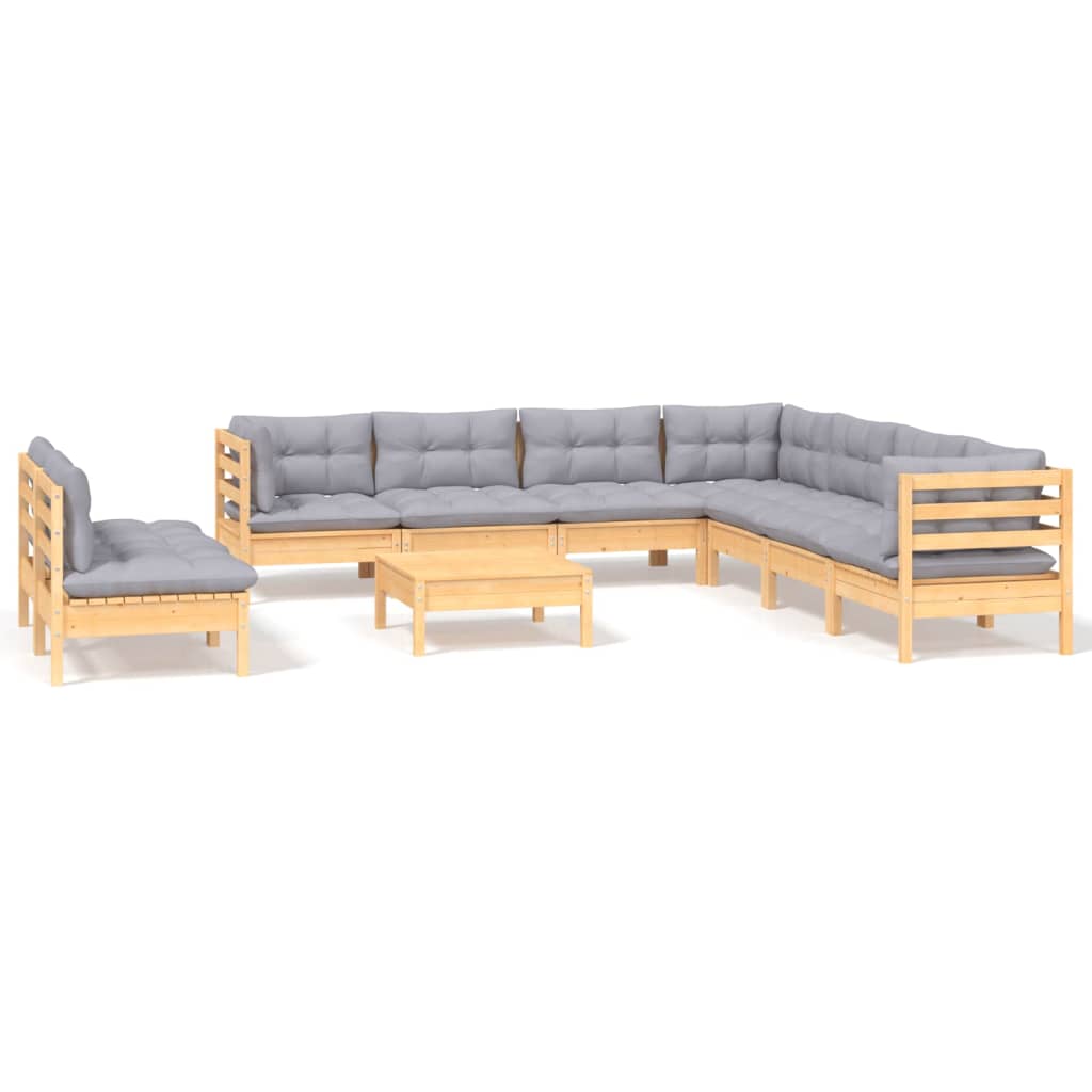 Set Divani da Giardino 10 pz con Cuscini Grigi Massello di Pino | homemem39