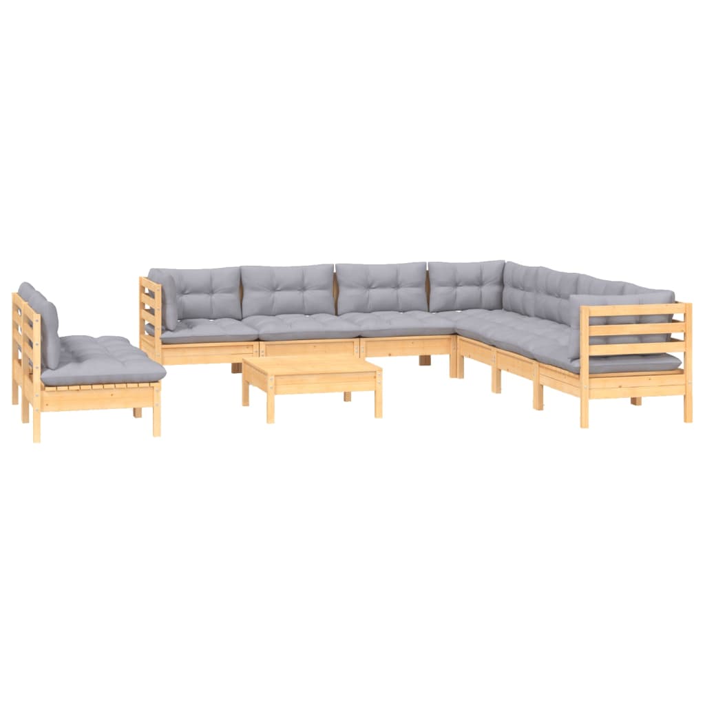 Set Divani da Giardino 10 pz con Cuscini Grigi Massello di Pino | homemem39