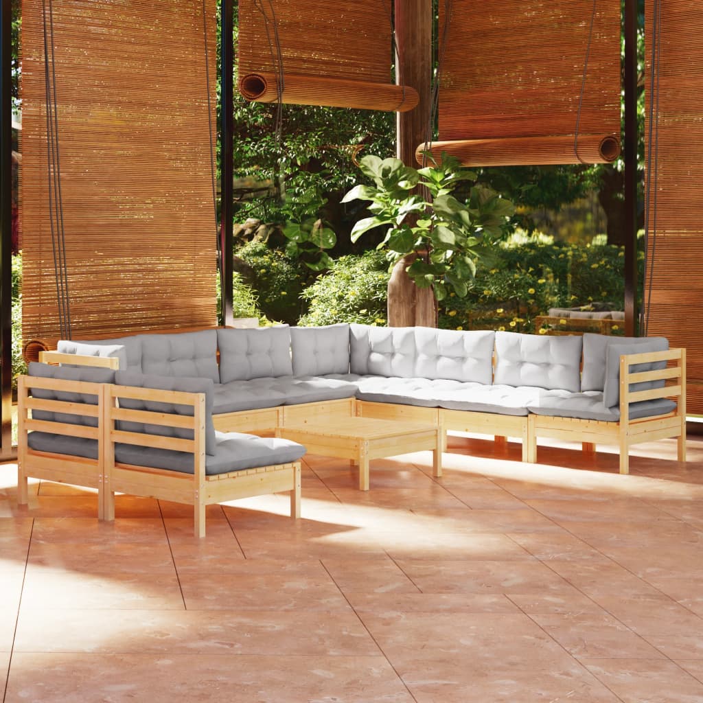 Set Divani da Giardino 10 pz con Cuscini Grigi Massello di Pino | homemem39